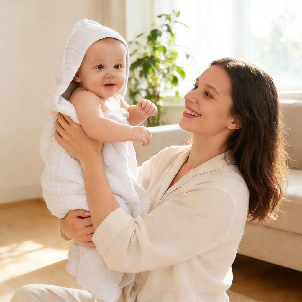 Sunny ZzzZZ Muslin Baby Bath Towels - 3 Pack of Soft 100% Cotton in Low-Saturation Pastels | 32x32 Inch