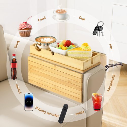 Luxspire Couch Armrest Table, 2-in-1 Magnetic Detachable Sofa Arm Tray with Cup Holder and Phone Holder, Foldable Bamboo Couch Cup Holder for Remote Controls, Phones, Snacks, Cups, Burlywood
