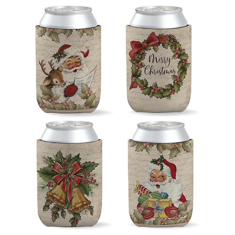 4 Pack Retro Christmas Cup Sleeves for Cold & Hot Drinks - Neoprene Can Insulators, Gift for Women (Variation: Christmas(8))