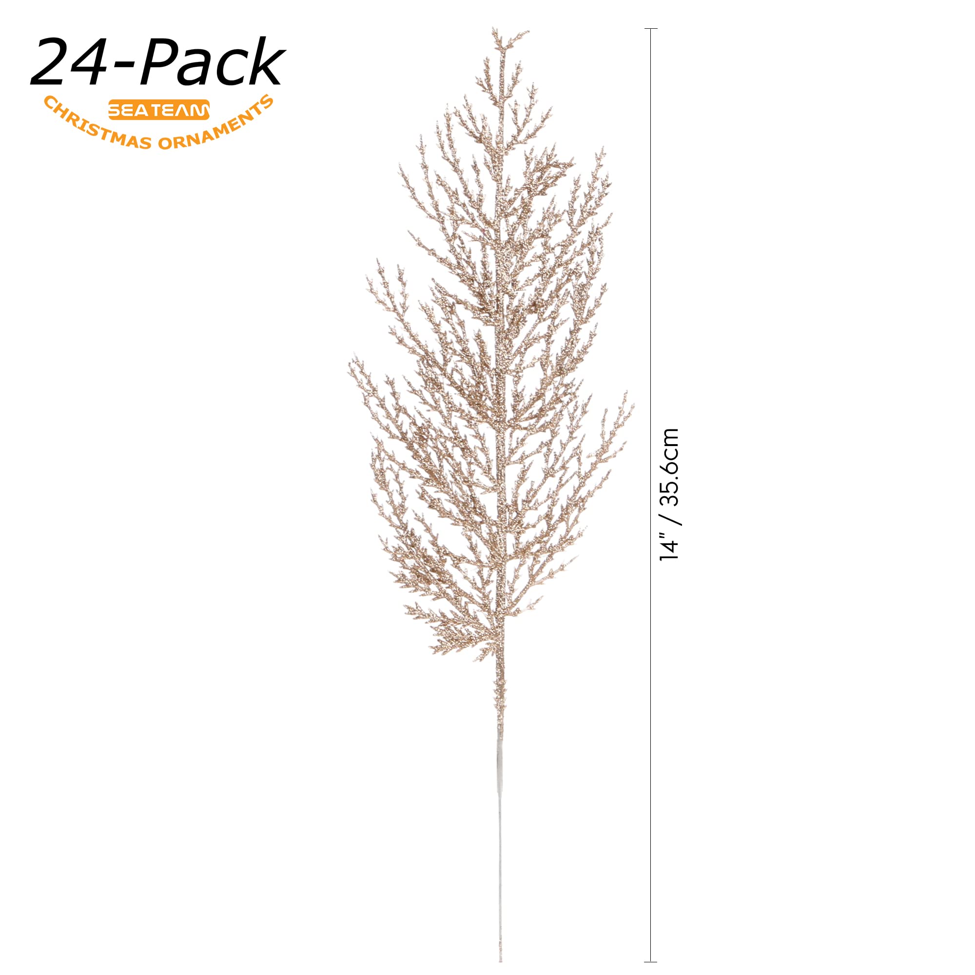 Sea Team 24-Pack Artificial Glitter Pine Tree Twig Ornaments, Decorative Sticks, Glittery Stems, Picks, Branches for Christmas Tree, Small Vase, Holiday, Wedding, Party (14 Inches, Champagne)