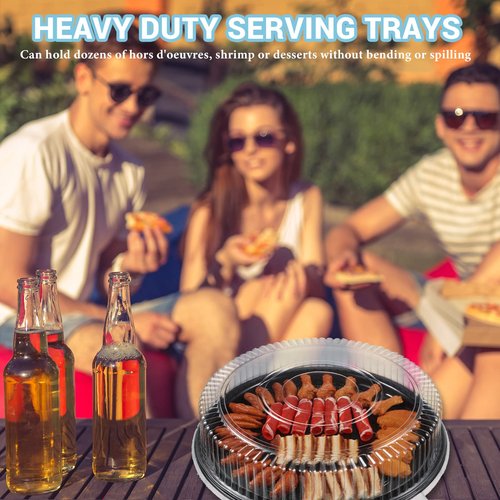 Romooa 24 Pack Round Serving Trays with Lid 16 Inch Trays for Serving Food,Large Catering Tray Black Plastic Party Platters with Clear Lids for Party Appetizers Veggie Sandwich Takeout Picnic