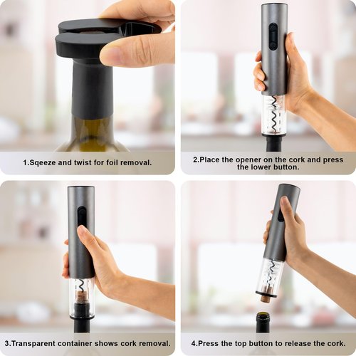 COKUNST Electric Wine Opener, 4-in-1 Wine Bottle Opener Set with Base, Cordless Automatic Battery Operated Corkscrew with Foil Cutter, Pour, Vacuum Stoppers, Gift for Home Party, Staninless Steel