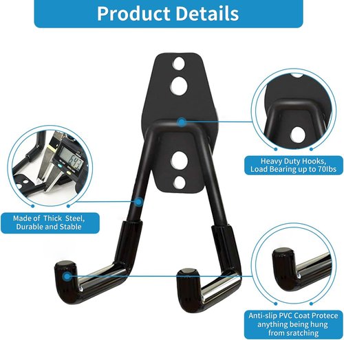GeeWatom Garage Storage Utility Hooks - Durable Steel Wall Mount Organizers for Garden Tools | 2 Pack (Black)