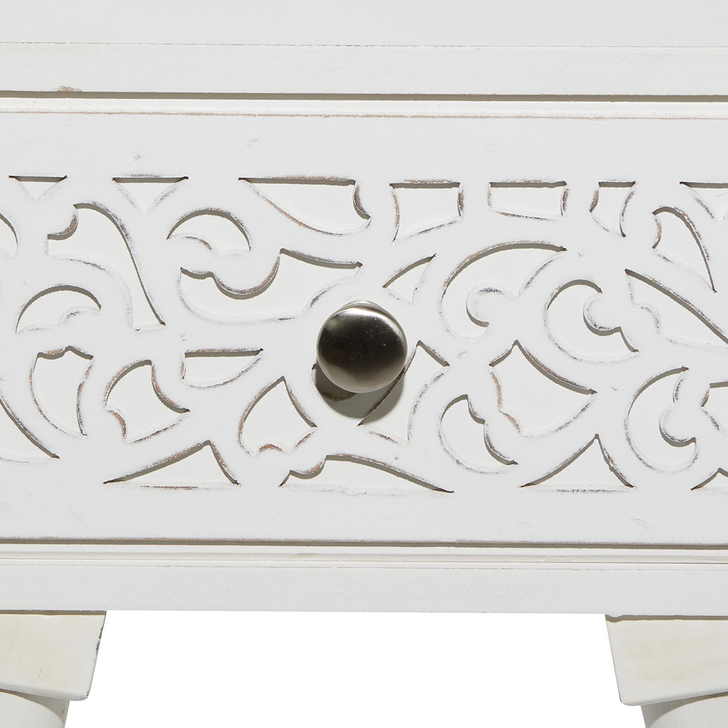 Deco 79 Mango Wood Scroll Side End Accent Table Intricately Carved Single Drawer End Table, Side Table 16" x 13" x 24", White