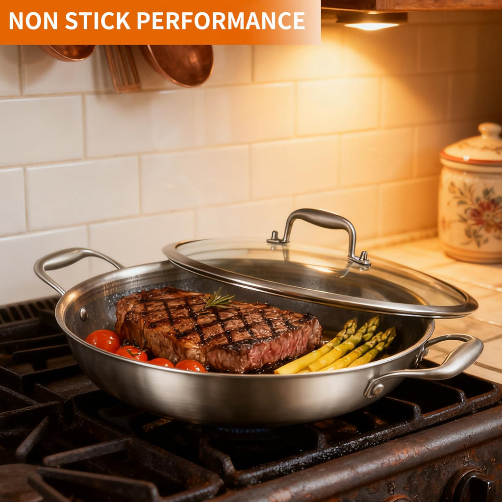 DELARLO Wok Pan With Lid 12 Inch Non stick wok,Oven Safe Up to 600℉,Woks & Stir-Fry Pans Nonstick,Tri-Ply Stainless Steel Wok, 5QT Nonstick Deep Frying Pan, Induction Saute Pan With Lid