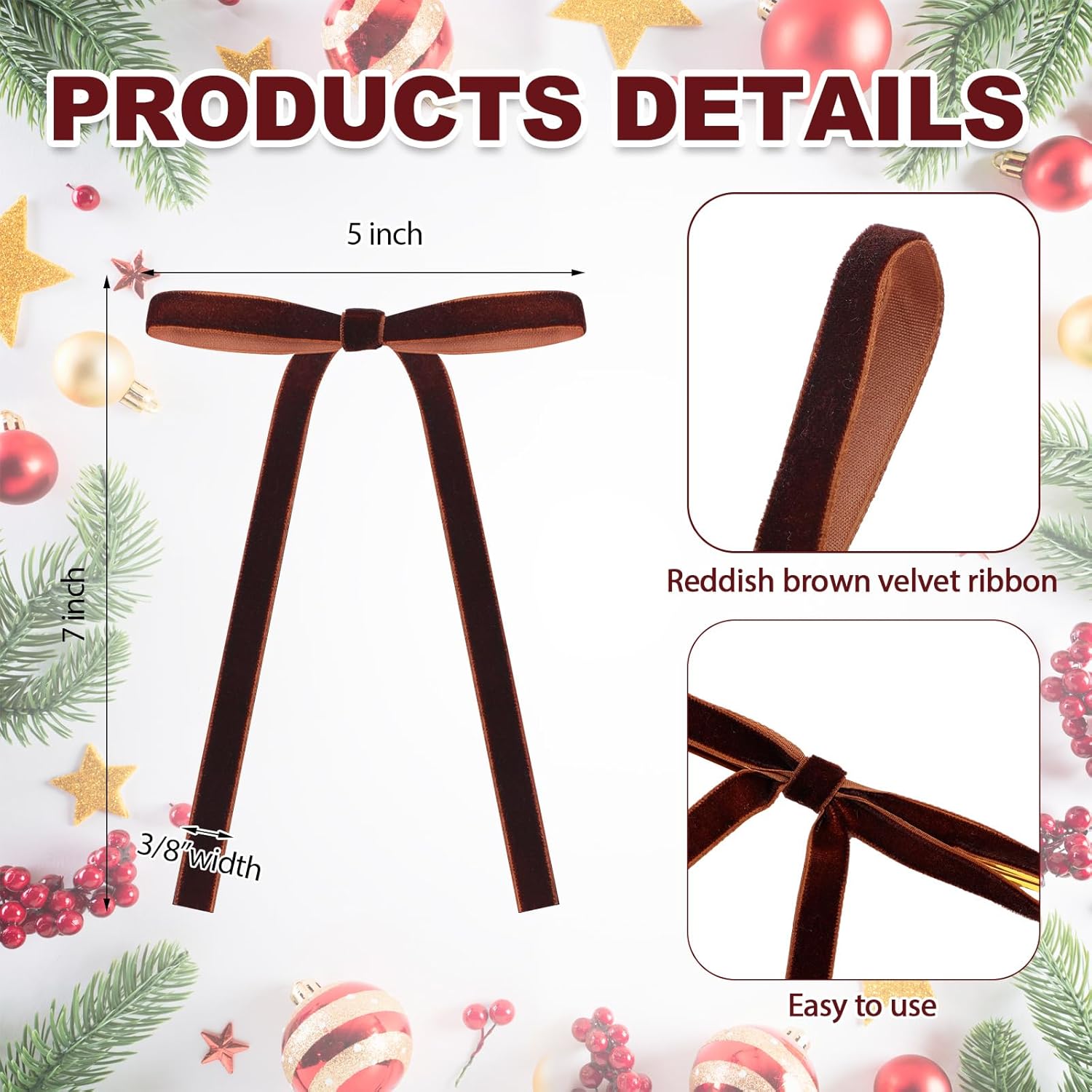 Skiennix 24 Pcs Velvet Bows - Vintage Ribbon Bows for Christmas Tree & Crafts | 5 x 7 Inch, Reddish Brown