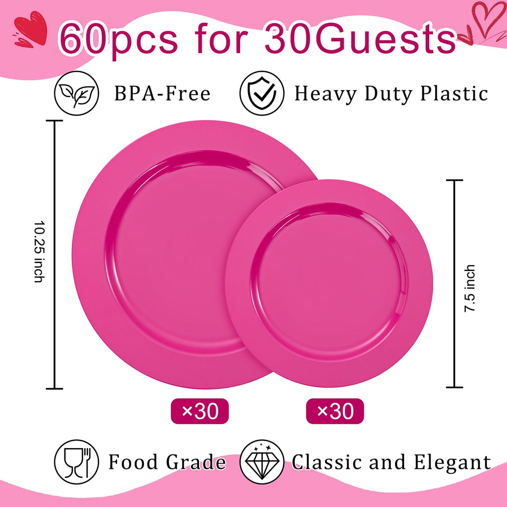 FLOWERCAT 60PCS Hot Pink Disposable Party Plates Set – 30 pcs 10.25″ Dinner Plates & 30 pcs 7.5″ Dessert Plates for Spring Parties, Valentine’s Day, Wedding – Sturdy & Stylish Tableware