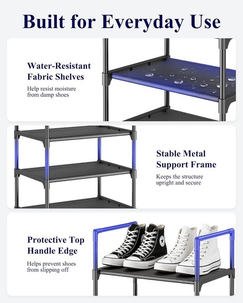 Kitsure Shoe Rack - 10-Tier Tall Organizer with Detachable Fabric Shelves | 16.9" Wide - Black
