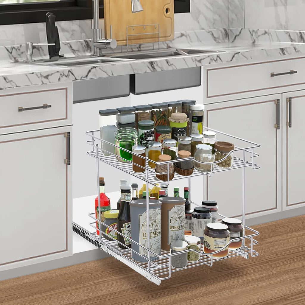 Fulgente Chrome Finish Pull Out Drawer Cabinet Organizer, Professional Wire Frame 2 Tier Heavy Duty Slide Out Kitchen Cabinet Storage Shelves, Sliding Drawer for Cabinet 11"W x 21"D