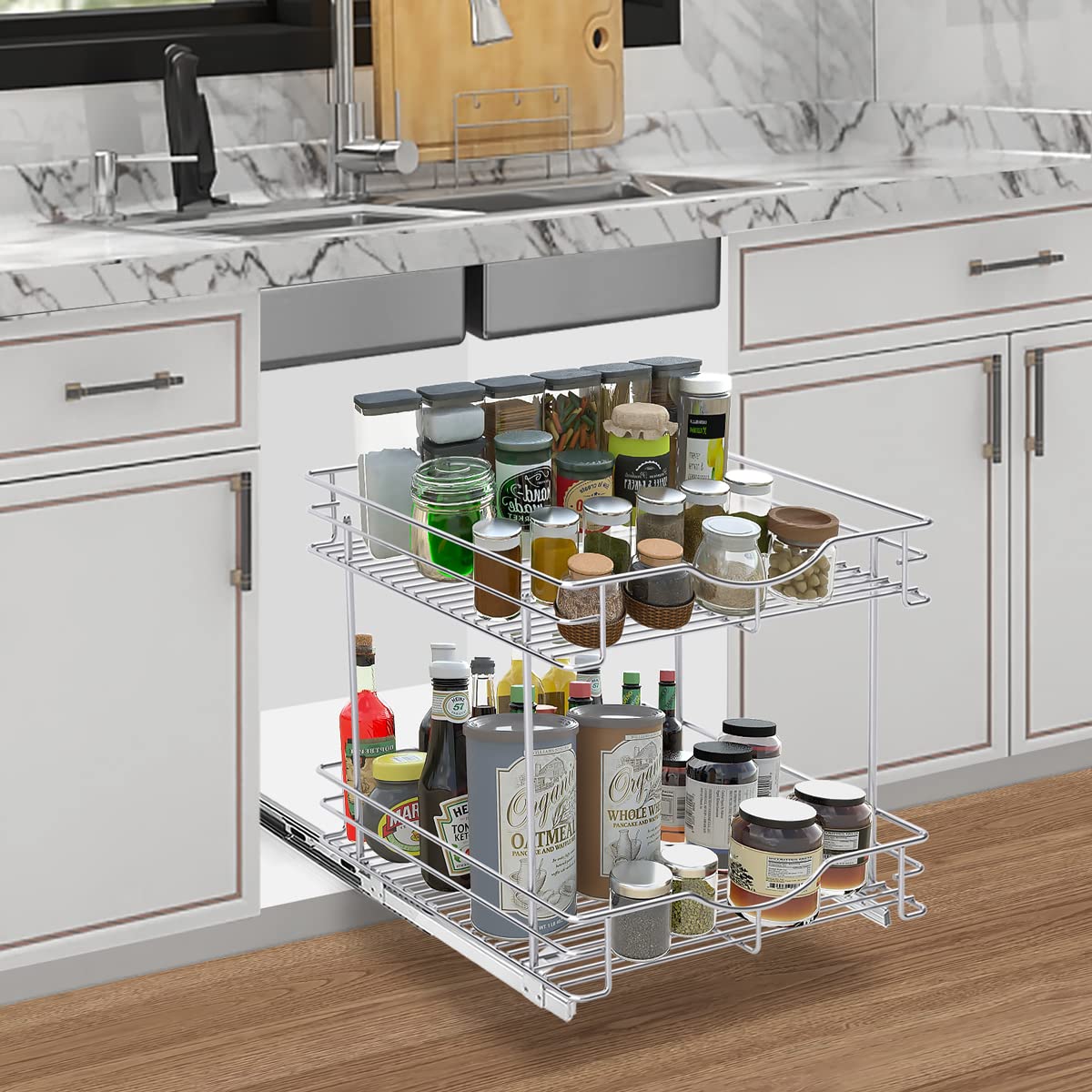 Fulgente Chrome Finish Pull Out Drawer Cabinet Organizer, Professional Wire Frame 2 Tier Heavy Duty Slide Out Kitchen Cabinet Storage Shelves, Sliding Drawer for Cabinet 11"W x 21"D