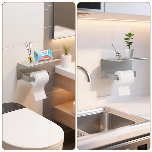Aneder Wall Mounted Toilet Paper Holder with Shelf, Brushed Nickel Bathroom Tissue Roll Holder Storage Organizer for Phone, Book, Plant, Extra Roll, Easy Mount Hardware Included