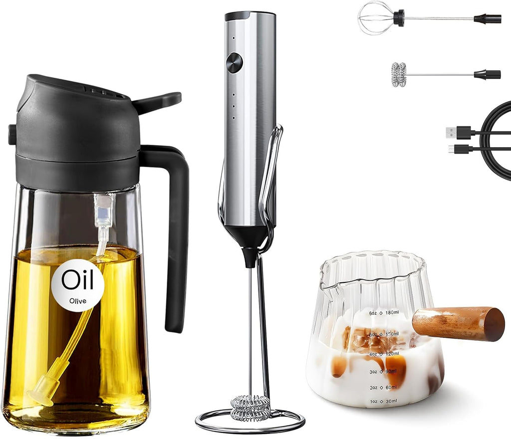 YARRAMATE Glass Olive Oil Sprayer - 16oz with Black Finish | Includes 180ml Measuring Cup & Milk Frother