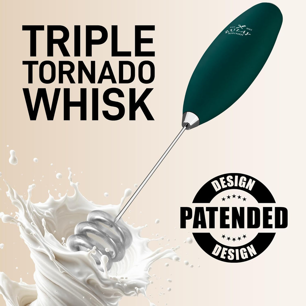Zulay Kitchen Tornado Triple Whisk Milk Frother - Handheld Foam Maker for Coffee & Lattes - Dark Green