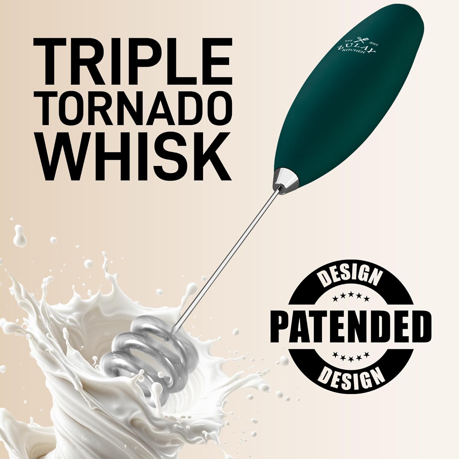 Zulay Kitchen Tornado Triple Whisk Milk Frother - Handheld Foam Maker for Coffee & Lattes - Dark Green