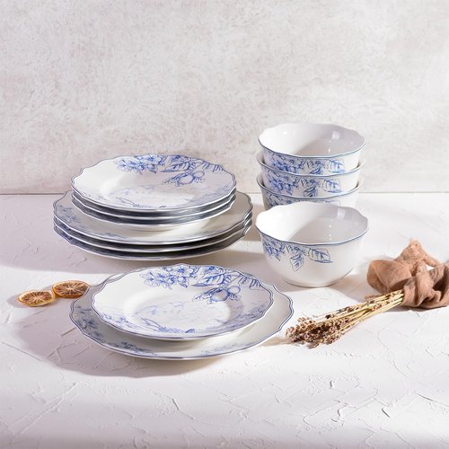 222 Fifth 12-Piece Porcelain Dinnerware Set for 4, Elegant Floral Plates and Bowls Sets- White/Blue Ceramic Dishes, Chip Resistant Kitchen & Dining Dish Set, Microwave & Dishwasher Safe, Hudson Valley