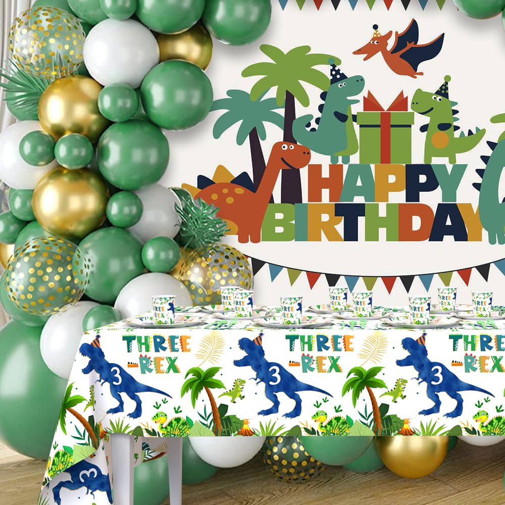 AIBIIN 194pcs Three Rex Birthday Decorations for Boy 3rd Birthday Party Plates, Cup, Napkin, Tablecloth, Tableware, Dinosaur 3 year old Birthday Party Supplies Plates Serve 24 Guests