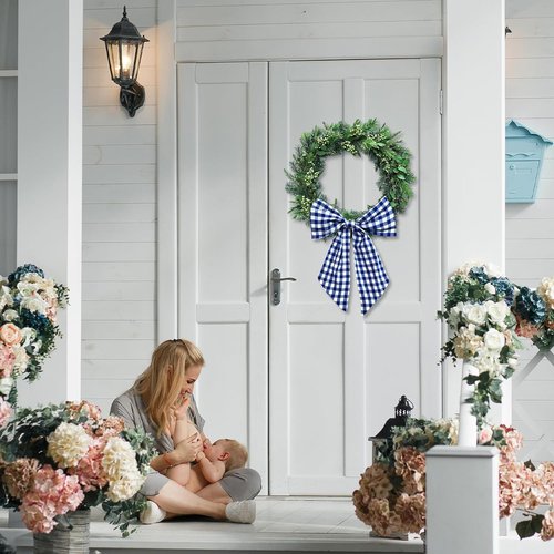 Blue Buffalo Plaid Wreath Sash by [Brand Name] - Satin & Burlap Ribbon for Indoor/Outdoor Decor | 5.1 x 54.3 Inches