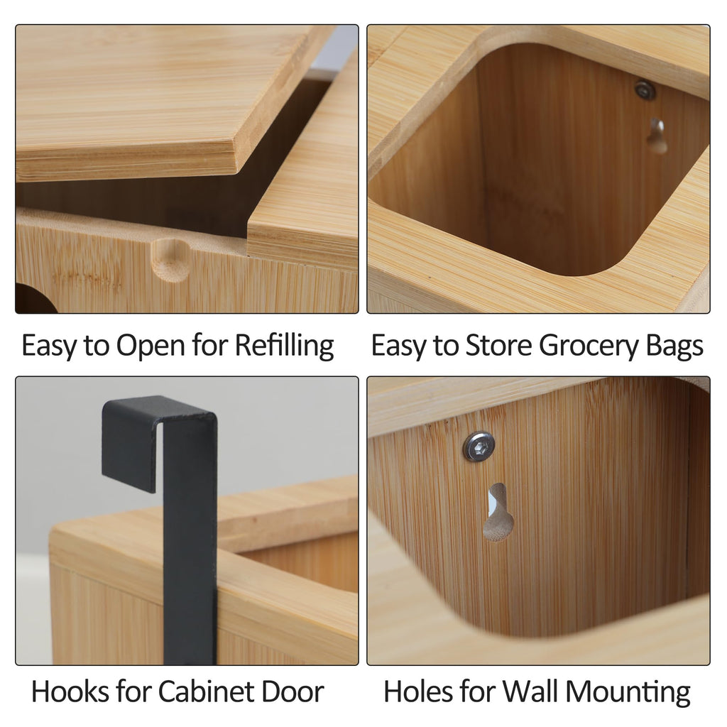 Bambition Trash Bag Dispenser & Grocery Bag Organizer, 2 in 1 Bamboo Garbage Bags Storage Box for Cabinet Door or Wall Mount
