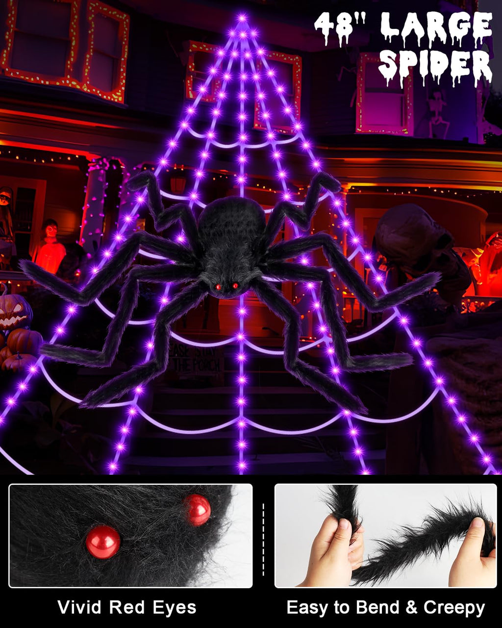 3D HD Dynamic Giant Spider Halloween Projector+Brighter Spider Webs Lights Set,250 Purple LED Light Up,8 Modes 16.4Ft Giant Spiderweb with Remote Control,with 48'' Giant Spider