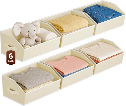 Homsorout Large Closet Organizers - 6 Pack Foldable Fabric Storage Baskets with Handles | Beige Trapezoid Design