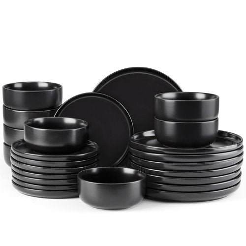 E-far Stoneware Dinnerware Sets for 8, 24-Piece Plates and Bowls Set, Modern Ceramic Dishes Dinning Ware, Microwave & Dishwasher Safe - Matte Black
