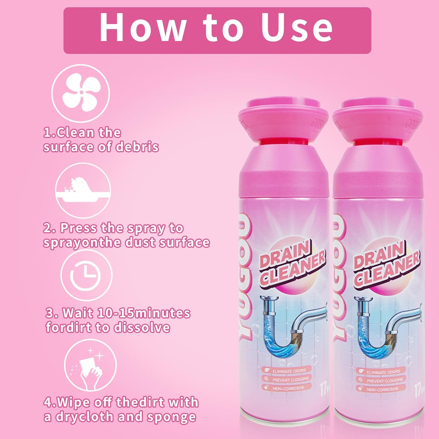 Yugou Foaming Drain Cleaner - Powerful Clog Remover & Deodorizer for Sinks, Showers & Tubs (2 Pack)