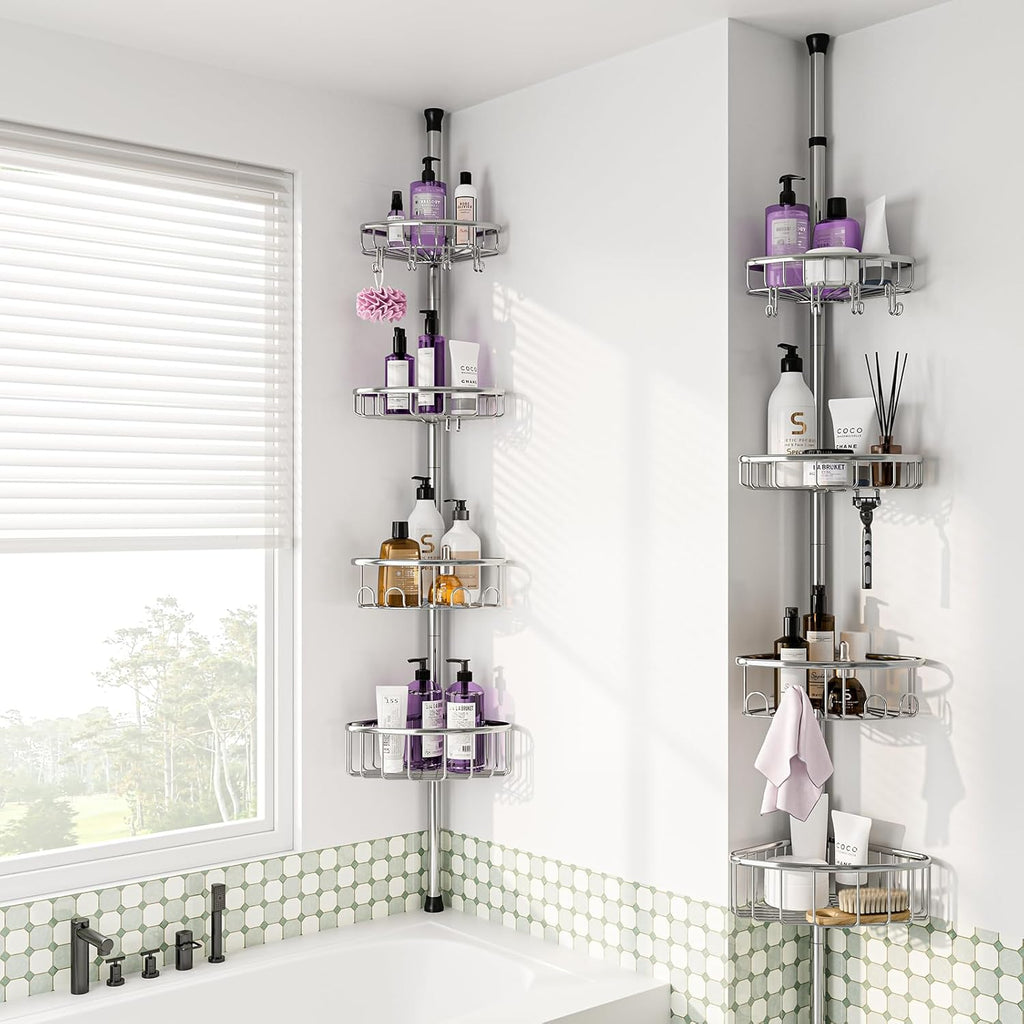 Skiennix Corner Shower Caddy Tension Pole - Rustproof 4-Tier Organizer | Adjustable 47-121 Inch Silver Shelves for Shampoo Storage