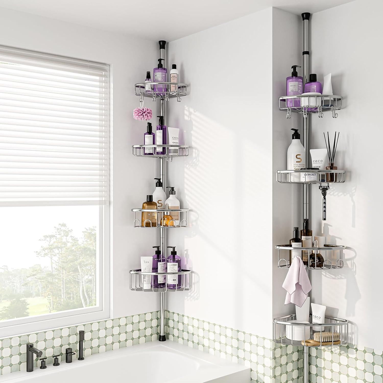 Skiennix Corner Shower Caddy Tension Pole - Rustproof 4-Tier Organizer | Adjustable 47-121 Inch Silver Shelves for Shampoo Storage