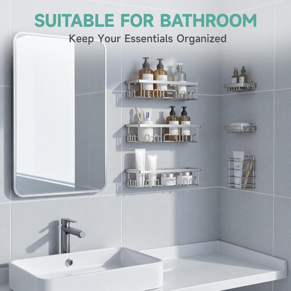 Veken Shower Caddy - Large Wall-Mounted Organizer with Soap Dish & Toothbrush Holder | 6-Pack Set