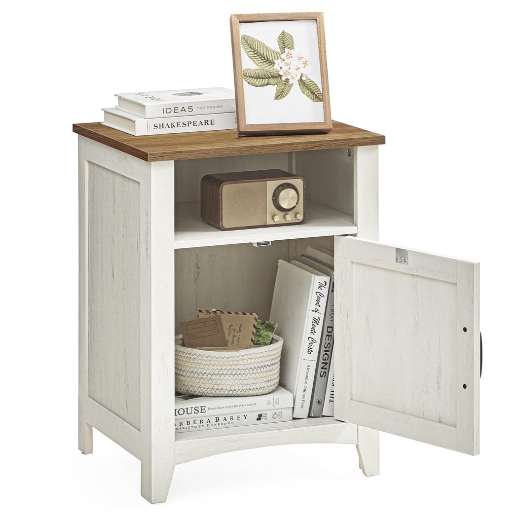 VASAGLE LIRY Collection - Farmhouse Nightstand with Barn Door, Bedside Table with Storage, Side End Table, Night Stand, Open Compartment, for Bedroom, Rustic White and Honey Brown ULET609K41