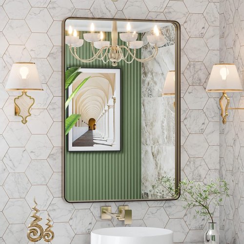 LOAAO Bronze Bathroom Mirror - 24”X32” Rounded Rectangle with Anti-Rust Brushed Metal Frame | Versatile Hanging Options