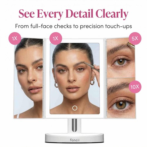 Fancii LED Lighted Vanity Makeup Mirror, Rechargeable Trifold Mirror with 5X & 10x Magnifications - 68 Dimmable Natural Lights, Touch Screen, Best Adjustable Make Up Mirror with Cosmetic Stand