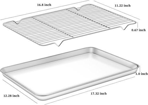 Deedro Baking Sheet Set - Stainless Steel Cookie Half Sheets with Cooling Racks | 2 Sheets + 2 Racks, 17.32 x 12.28 Inches
