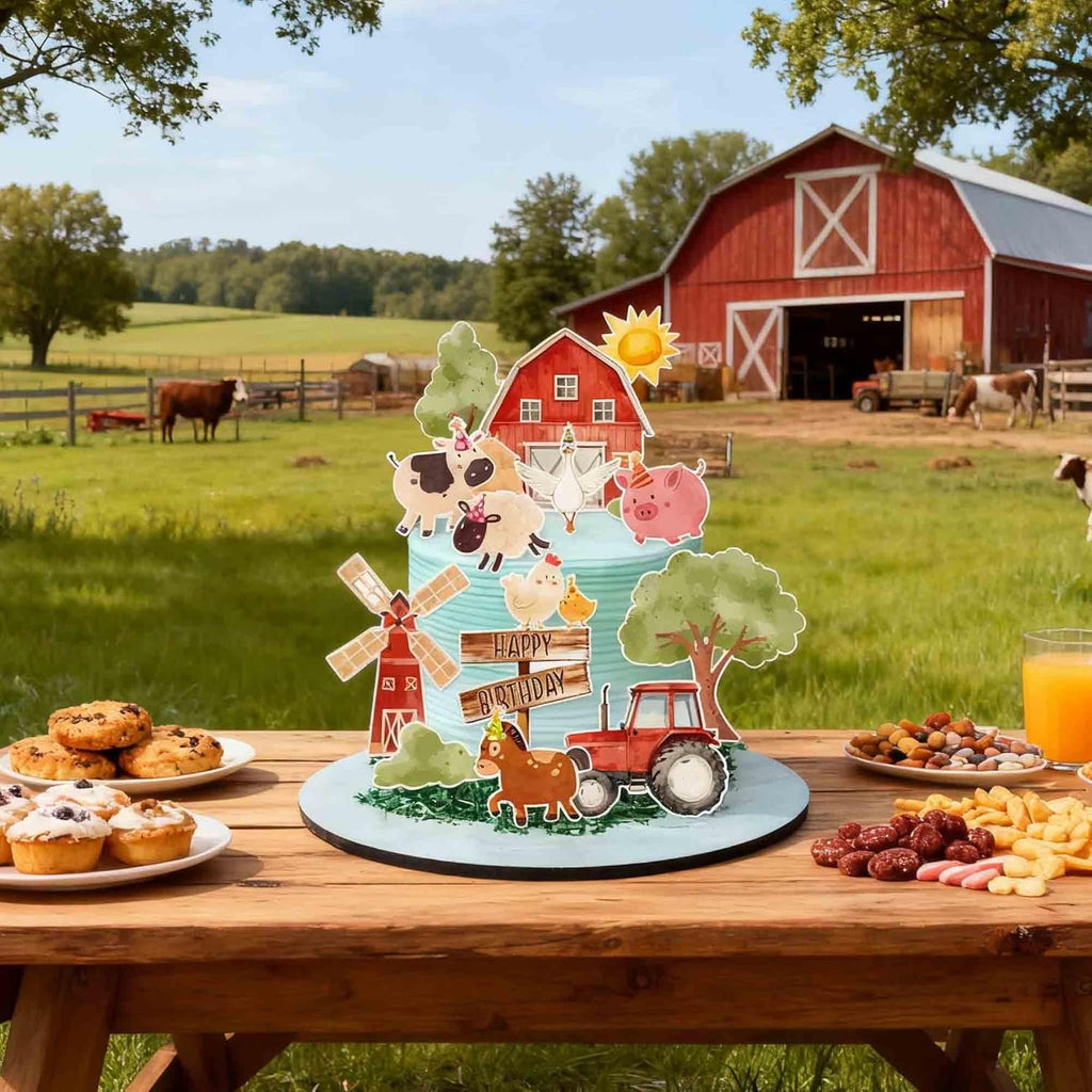 Regine Switzerland 16PCS Farm Animal Cake Decorations - Fun Party Toppers with Barn, Tractor & Animals
