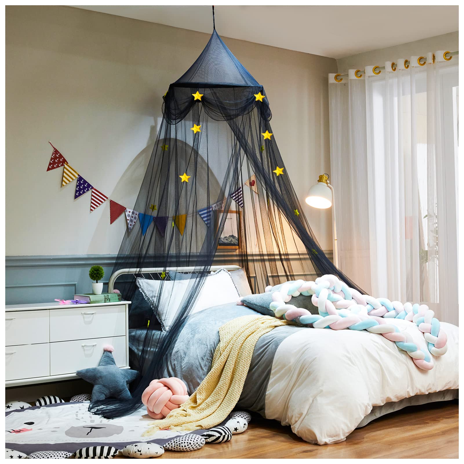 NYDECOR Mosquito Net Canopy Bed Curtains Dome Stars Hanging Princess Bed Canopy Tents for Girls Boys Kids Room Decor Reading Nook Canopies, Black