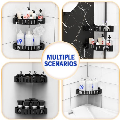 DivaDwell Depot Adhesive Corner Shower Shelf No Drill | Rust-Proof Aluminum Alloy Stick On Bathroom Organizer with Shaving Holder for Shampoo, Conditioner, Soap, Razors Black 2Pack