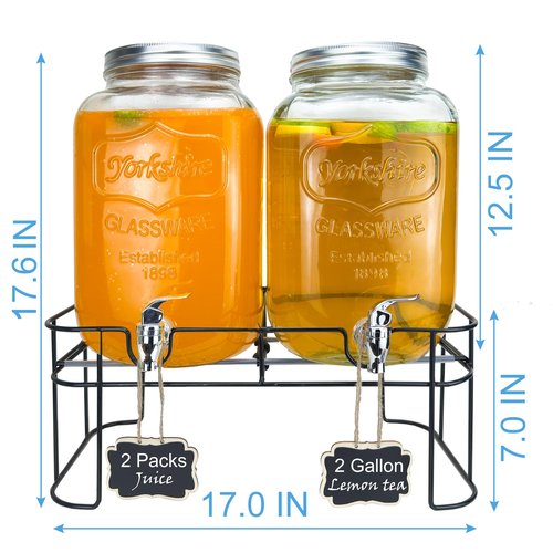 2 Gallon Larger Glass Drink Dispenser for Parties, 2 Packs Juice Lemonade Ice Tea Water Dispenser with Stand, HENABLE Beverage Dispensers with Spigot for BBQ, Picnic, Party
