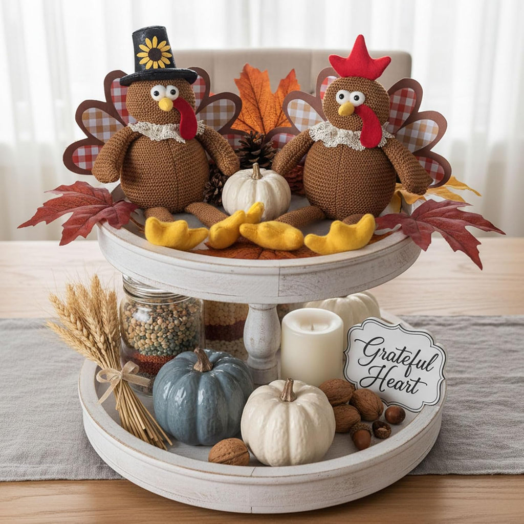 Regine Switzerland Thanksgiving Turkey Decorations - Set of 2 Plush Dolls for Fall Harvest Home Decor | Brown