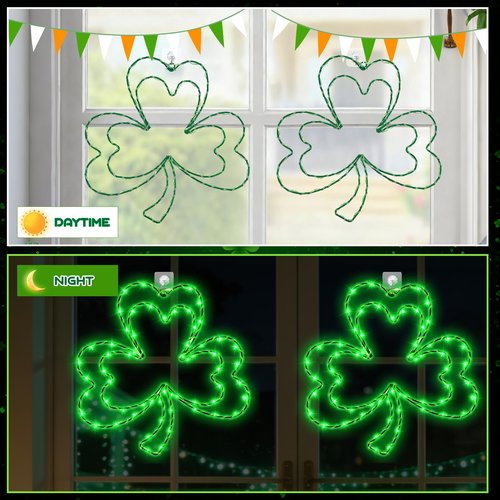 LAIAMER 2 Pcs Light Up Shamrock for Window, 13'' Shamrocks Windows Lights St Patricks Day Window Decor Shamrock Lights Battery Operated with Timer & 8 Modes, Clover Decor Green Light for St Patricks