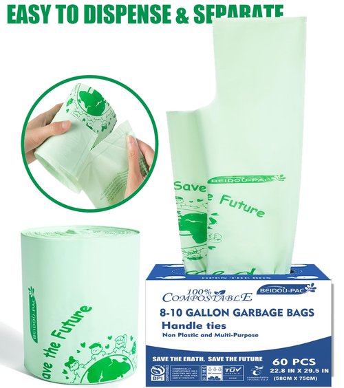 BEIDOU-PAC 8-10 Gallon Compostable Trash Bags, 60 Count - Kitchen & Food Scrap Waste Bags, Sturdy & Biodegradable, ASTM D6400, US BPI Certified