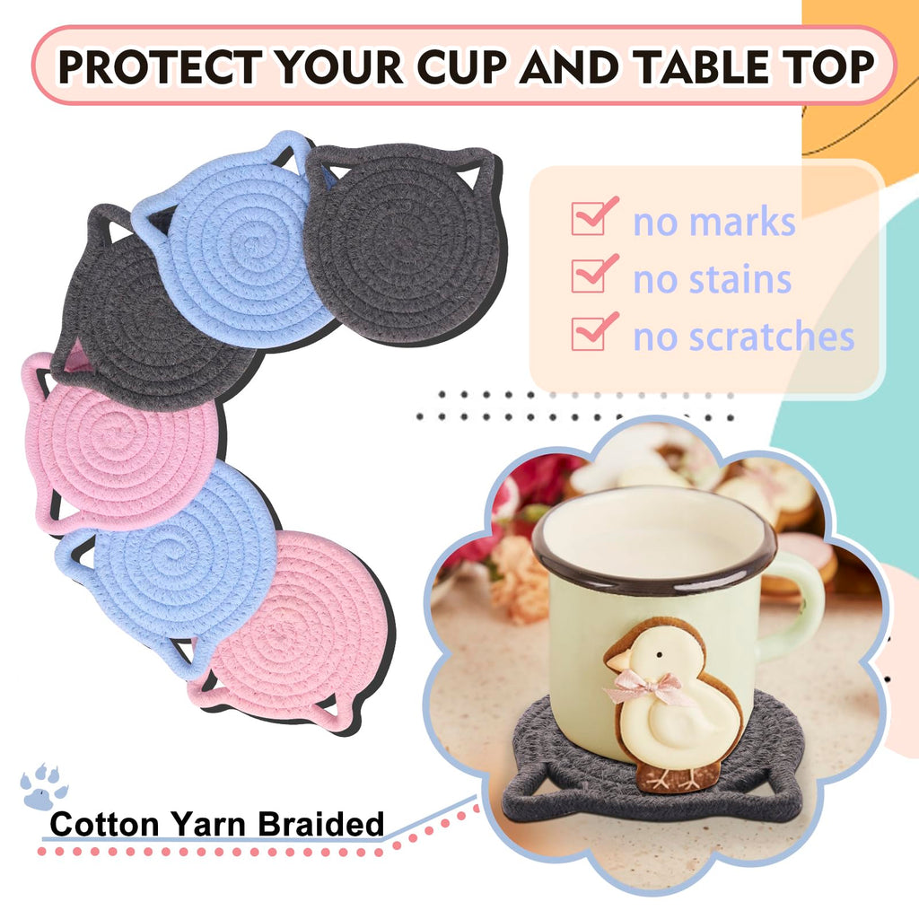 Cute Coasters for Drinks Set of 2, Absorbent Handmade Fabric Drink Coasters for Coffee & Tea -Home Décor Extra Large 4.8 in* 8mm, Protect The Wooden Table Surface (2 Pack-Cat-Ash Gray)