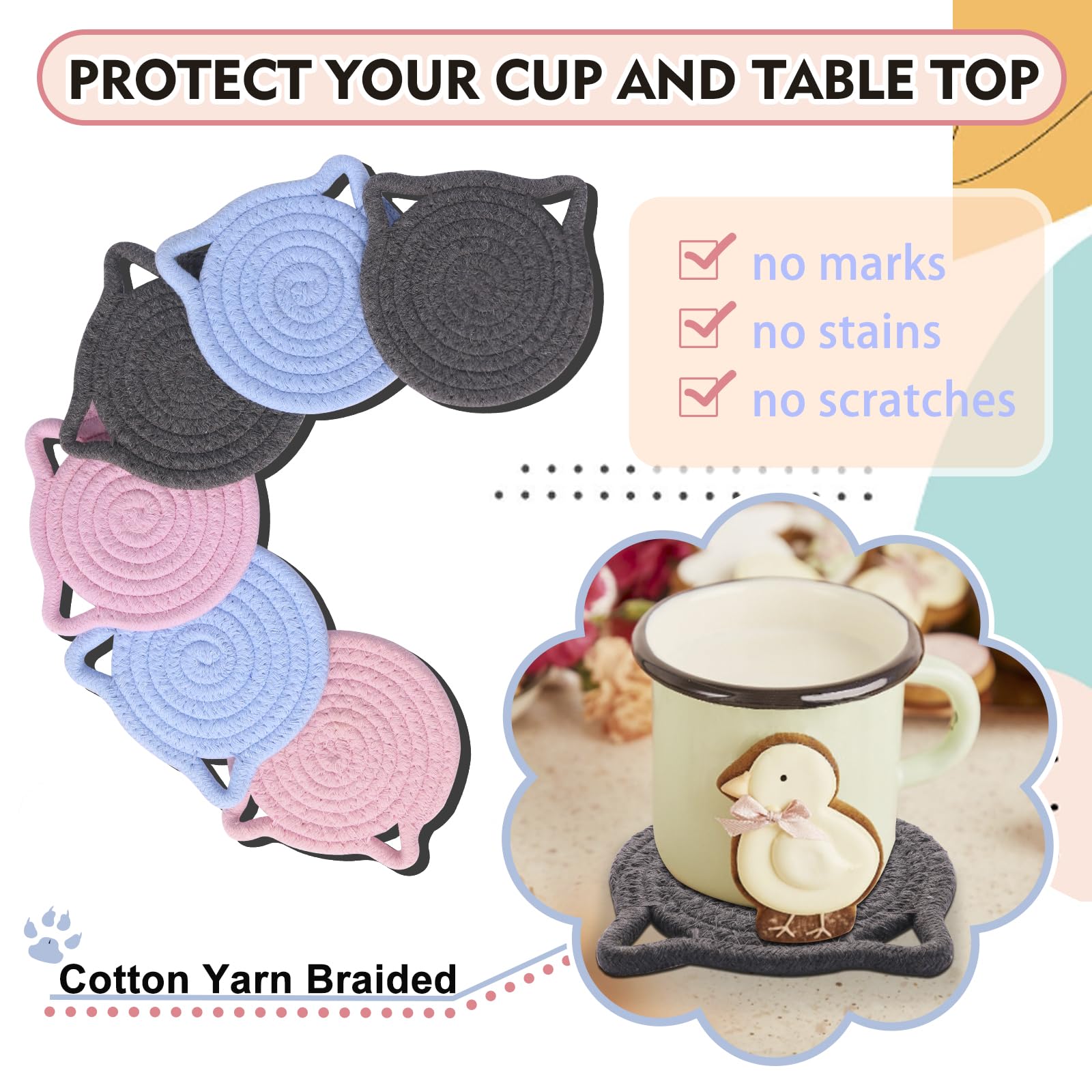 Cute Coasters for Drinks Set of 2, Absorbent Handmade Fabric Drink Coasters for Coffee & Tea -Home Décor Extra Large 4.8 in* 8mm, Protect The Wooden Table Surface (2 Pack-Cat-Ash Gray)