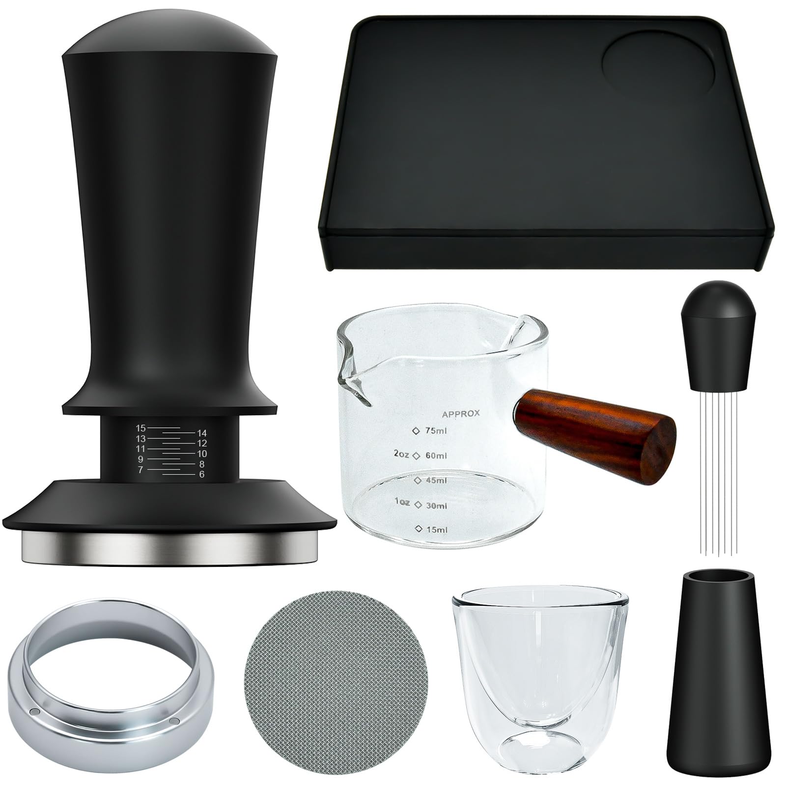 7 Pcs 51mm Espresso Accessories Kit, Spring Loaded Calibrated Tamper, WDT Tool, Coffee Measuring & Espresso Cup and Tamper Mat, Puck Screenr & Dosing Funnel, 51mm Espresso Machine Accessories