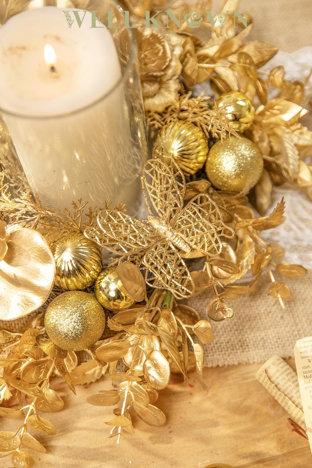 Skiennix Artificial Flower Candle Ring - 12" Gold Orchid & Eucalyptus Wreath for Home Decor | Perfect for Weddings & Centerpieces