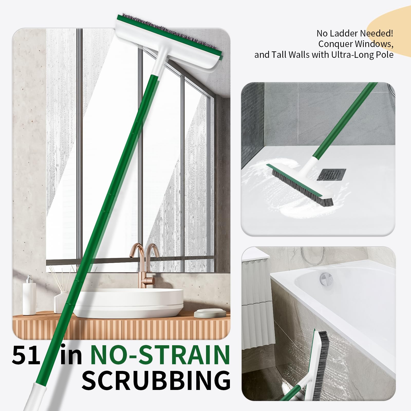 Floor Scrub Brush, 51" Long Handle Scrub Brushes for Cleaning 2 in 1 Heavy Duty Deck Brush Stiff Bristle Tile Floor Scrubber for Shower Bathroom Garage Kitchen Wall Tub and Swimming Pool