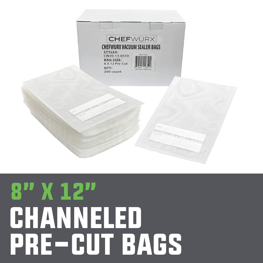 Chefwurx Pre-Cut Vacuum Sealer Bags – 300 Pint Bags for Food Saver – BPA-Free Vacuum Seal Bags, Microwave, Freezer and Boil Safe, Compatible with Most Vacuum Seal Machines (8” x 12”)