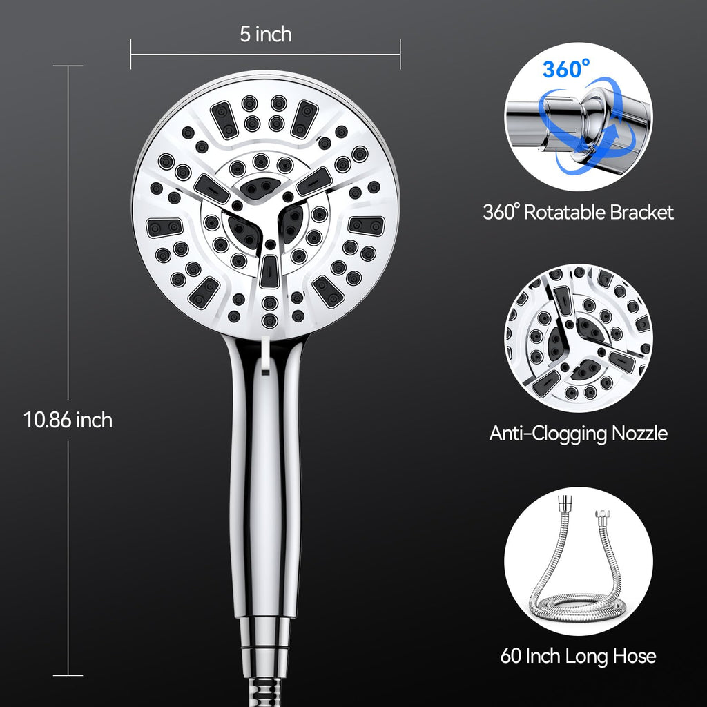 VOXON Magnetic High Pressure Shower Head, 10-Mode Handheld Shower Head, Built-in 2 Power Wash, Adjustable Shower Head with Handheld with Magnetic Docking & 60'' Hose, 2.5 GPM Showerhead with 5'' Face