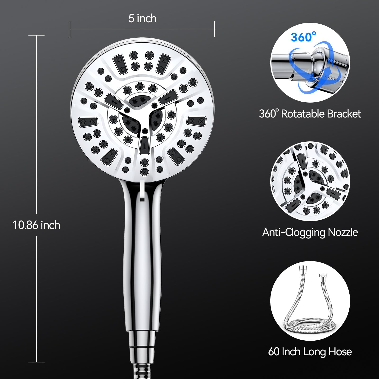 VOXON Magnetic High Pressure Shower Head, 10-Mode Handheld Shower Head, Built-in 2 Power Wash, Adjustable Shower Head with Handheld with Magnetic Docking & 60'' Hose, 2.5 GPM Showerhead with 5'' Face
