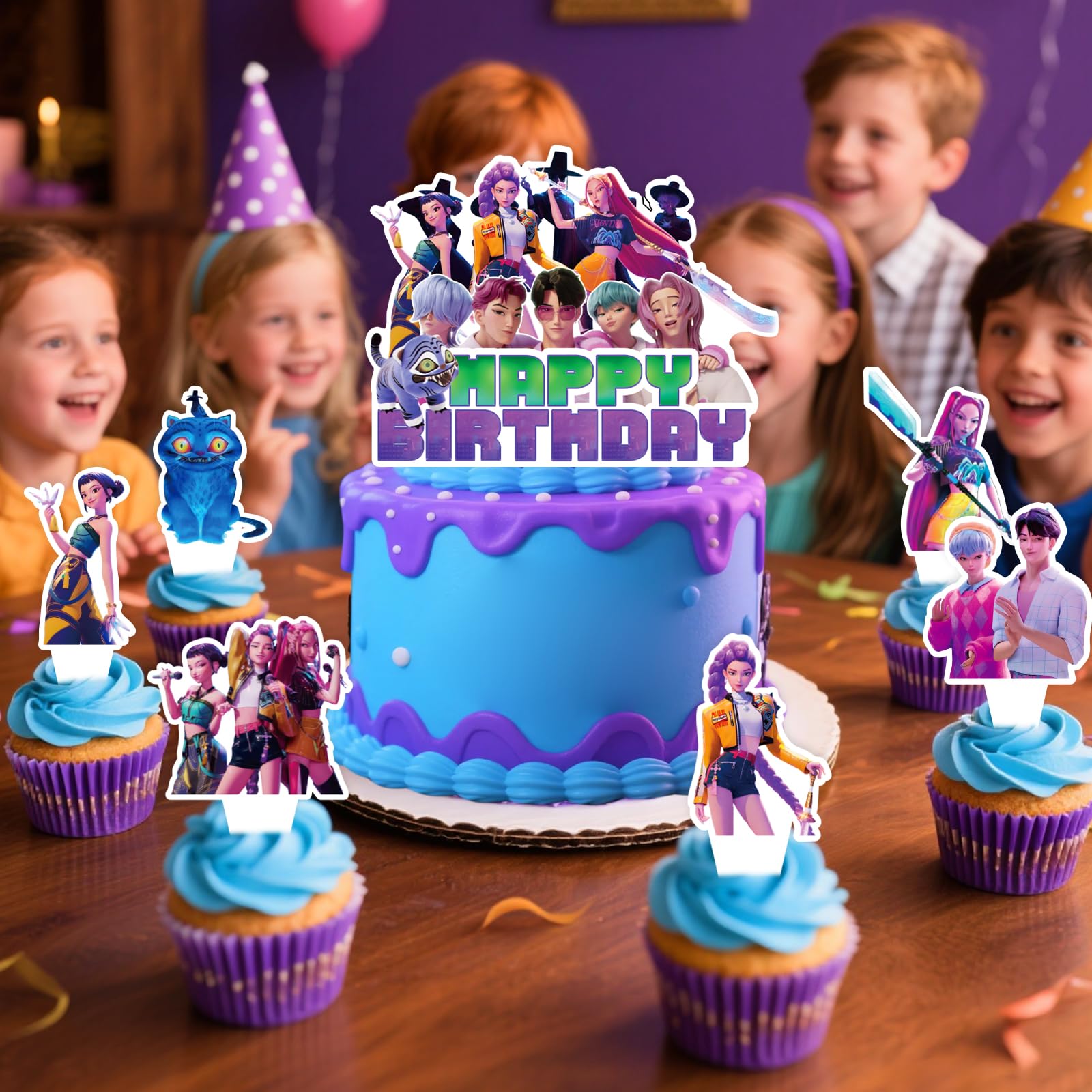 Korean Idol Demon Movie Hunters Birthday Party Decorations, 25 Piece Cake and Cupcake Toppers Set, Cartoon Animation Theme for Kids Birthday Celebrations