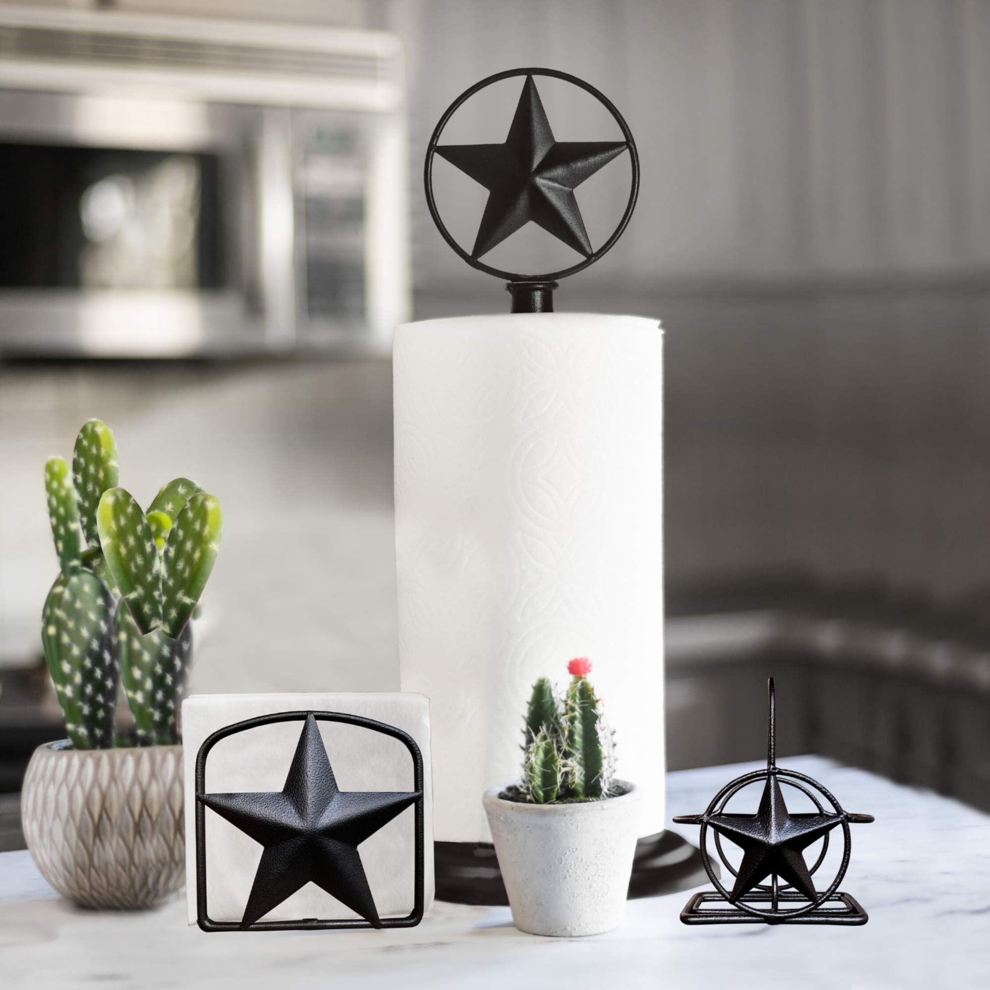 Black Rustic Texas Star Paper Towel Holder, Napkin Holder, Salt and Pepper Shakers Holder, Country Farmhouse Iron Kitchen Counter Accessory Set Holders (Paper Towel, Napkin, S&P Holder (3 Piece Set))